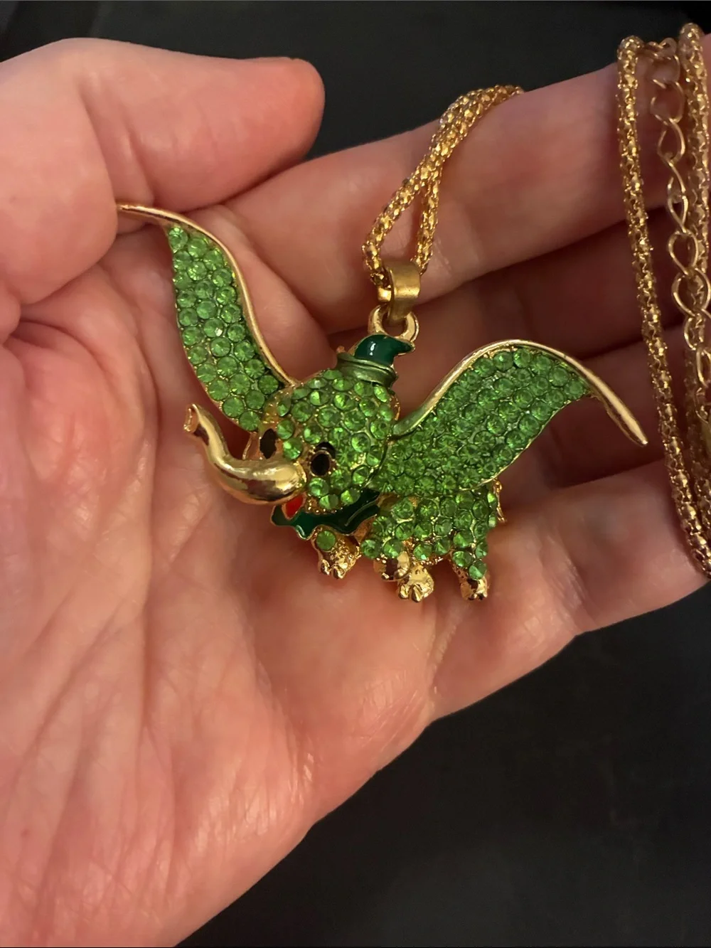 Gold-Tone Green Dumbo Pendant Vibrant Green Rhinestones